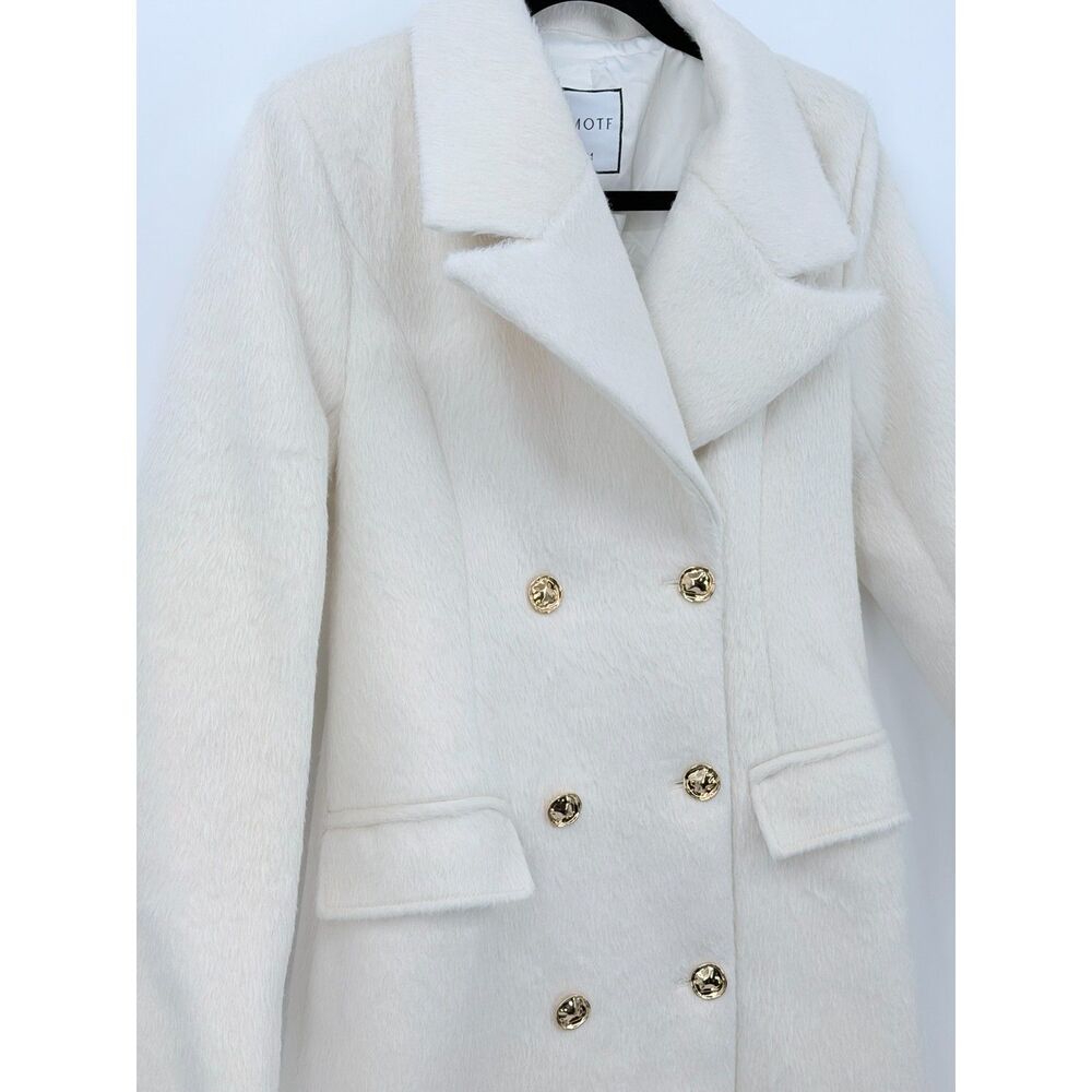 NWT MOTF Winter White Fuzzy Trench Coat Med Gold Wool Blend Glam Double Breast - Picture 5 of 12